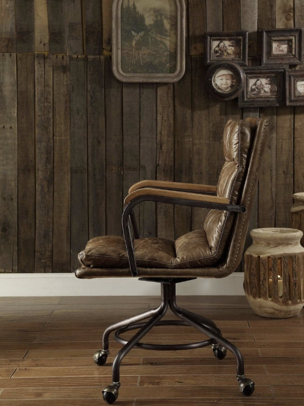 English Elm Harith High Back Top Grain Leather Executive Chair with Wooden Armrests for Home Office B2726P248701