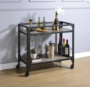 English Elm Jorgensen Two Tier Oak Wood Bar Cart with Wine Rack and Rolling Casters B2726P248703