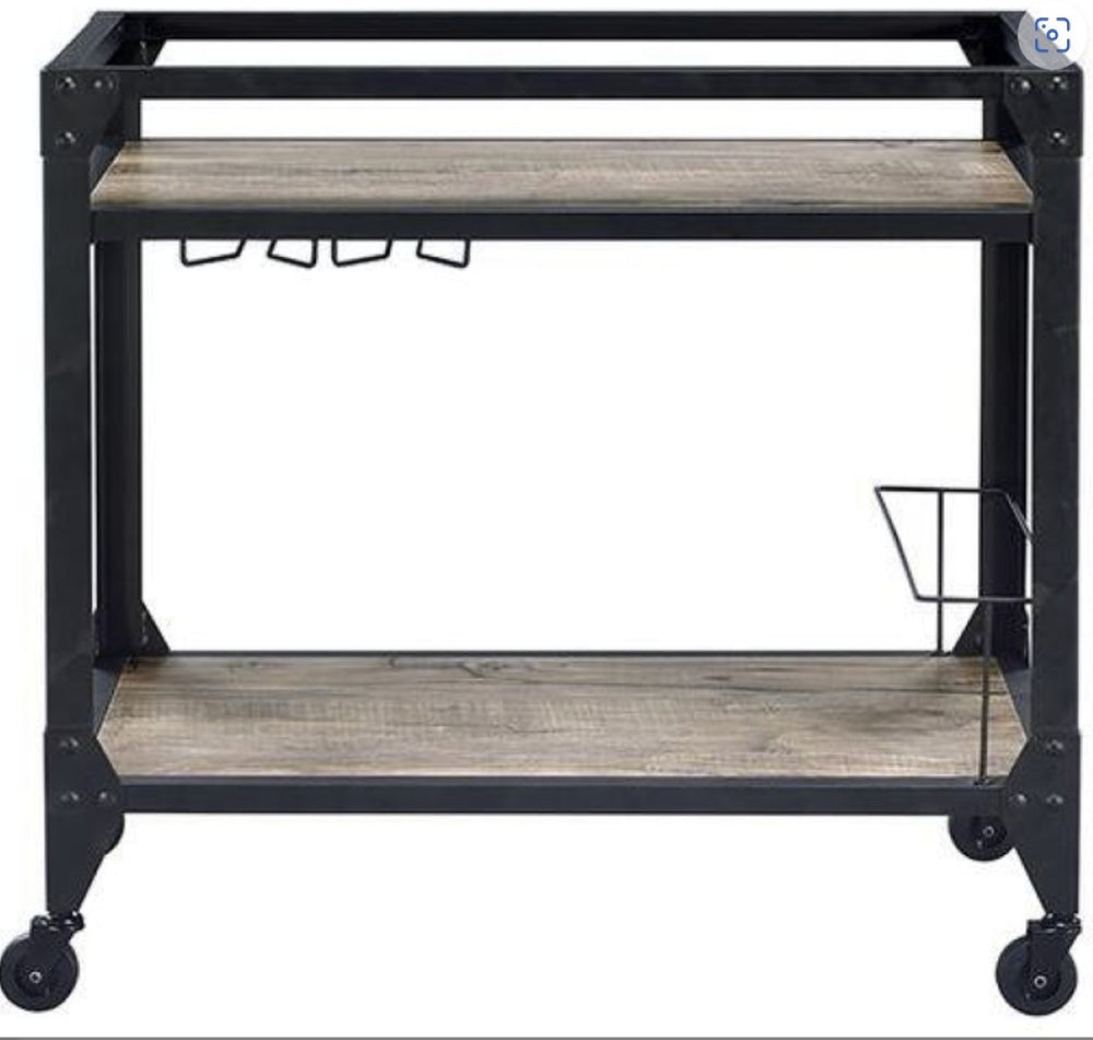 English Elm Jorgensen Two Tier Oak Wood Bar Cart with Wine Rack and Rolling Casters B2726P248703