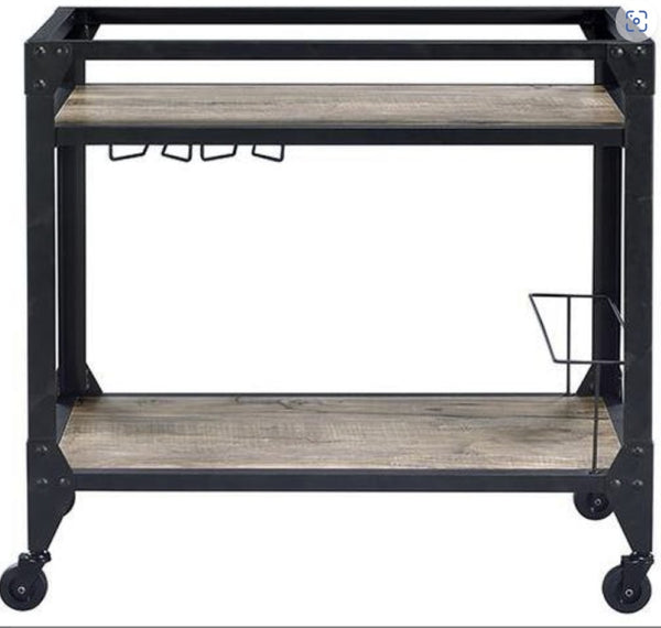 English Elm Jorgensen Two Tier Oak Wood Bar Cart with Wine Rack and Rolling Casters B2726P248703