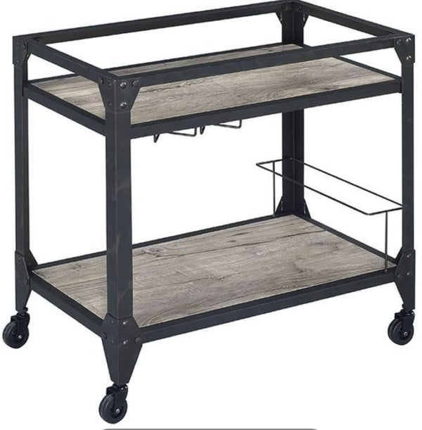 English Elm Jorgensen Two Tier Oak Wood Bar Cart with Wine Rack and Rolling Casters B2726P248703
