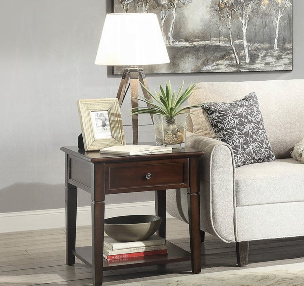 English Elm Malachi Mid-century Walnut Wood End Table with Drawer and Open Shelf for Living Room B2726P255761