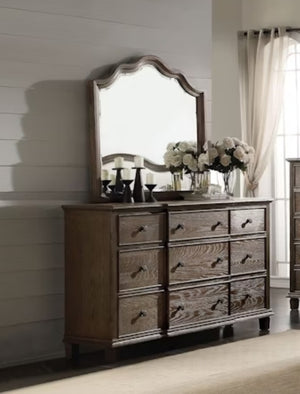 English Elm Baudouin Round Wall Mirror with Beveled Edge and Weathered Oak Veneer Frame B2726P261256
