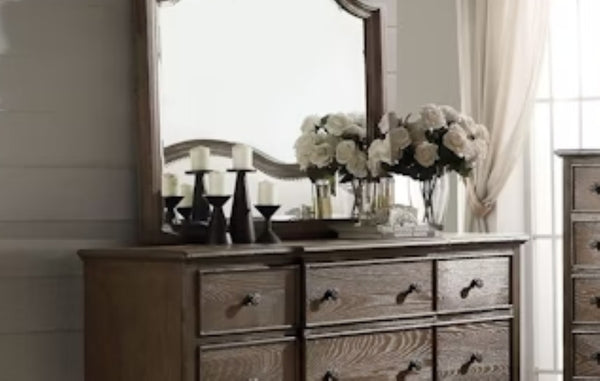 English Elm Baudouin Round Wall Mirror with Beveled Edge and Weathered Oak Veneer Frame B2726P261256