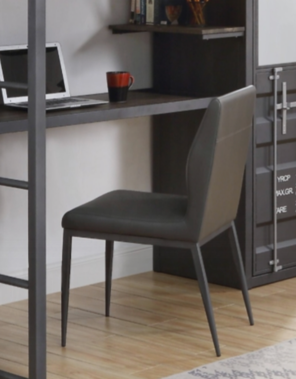 English Elm Cargo Industrial Accent Chair with Gunmetal Frame and Gray Pu Leather Upholstery B2726P278569