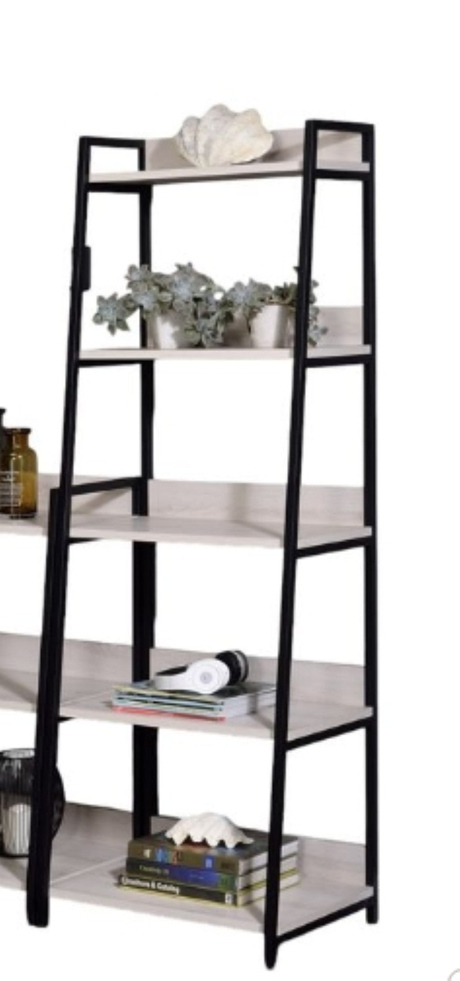 English Elm Wendral Leaning Ladder Bookshelf with Natural Wood Shelves and Matte Black Metal Frame B2726P296892
