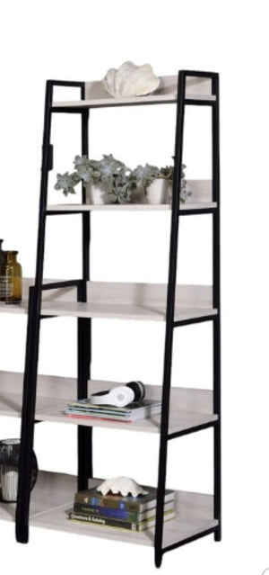 English Elm Wendral Leaning Ladder Bookshelf with Natural Wood Shelves and Matte Black Metal Frame B2726P296892