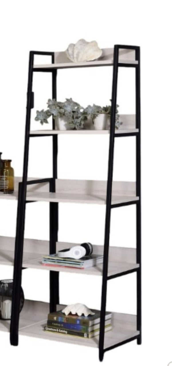 English Elm Wendral Leaning Ladder Bookshelf with Natural Wood Shelves and Matte Black Metal Frame B2726P296892