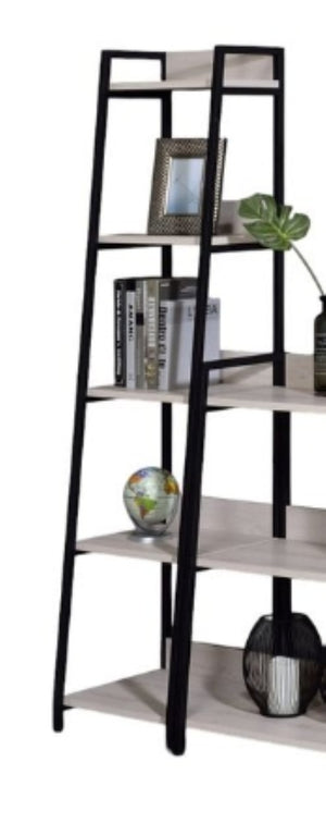 English Elm Wendral Leaning Ladder Bookshelf with Natural Wood Shelves and Matte Black Metal Frame B2726P296892