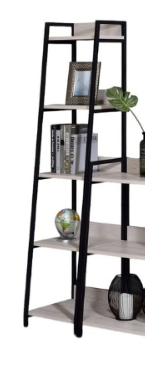 English Elm Wendral Leaning Ladder Bookshelf with Natural Wood Shelves and Matte Black Metal Frame B2726P296892