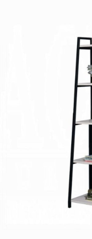 English Elm Wendral Leaning Ladder Bookshelf with Natural Wood Shelves and Matte Black Metal Frame B2726P296892