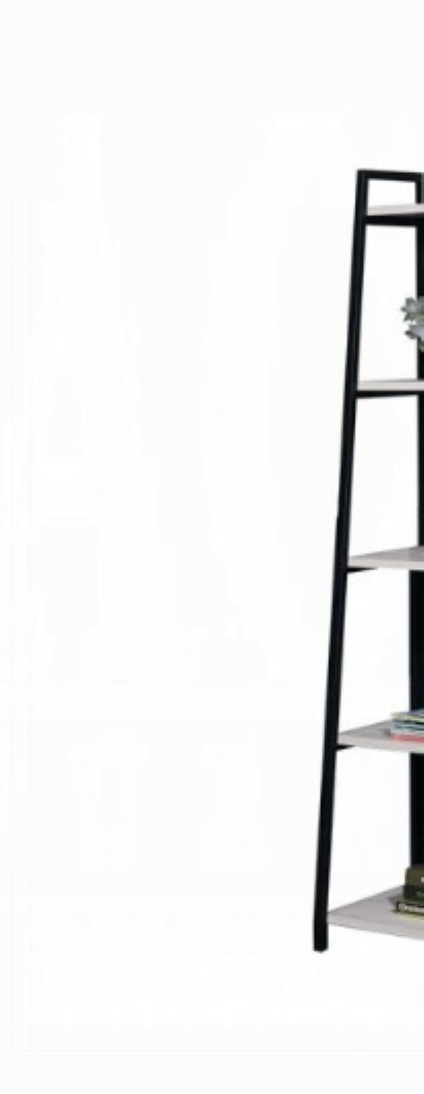 English Elm Wendral Leaning Ladder Bookshelf with Natural Wood Shelves and Matte Black Metal Frame B2726P296892