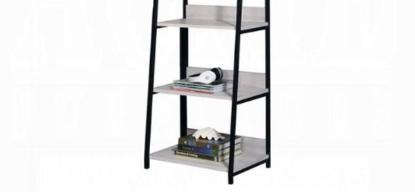 English Elm Wendral Leaning Ladder Bookshelf with Natural Wood Shelves and Matte Black Metal Frame B2726P296892