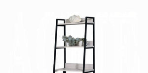 English Elm Wendral Leaning Ladder Bookshelf with Natural Wood Shelves and Matte Black Metal Frame B2726P296892