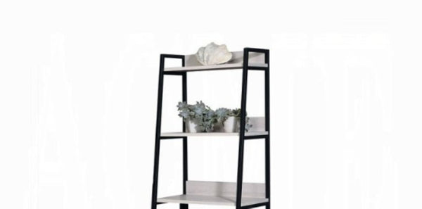 English Elm Wendral Leaning Ladder Bookshelf with Natural Wood Shelves and Matte Black Metal Frame B2726P296892