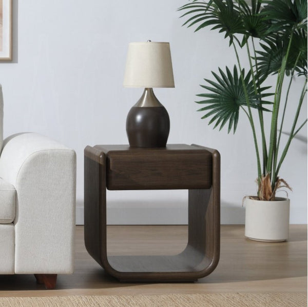 English Elm Lanza Mid-century Walnut Veneer End Table with Flush Drawer for Living Room B2726P524531