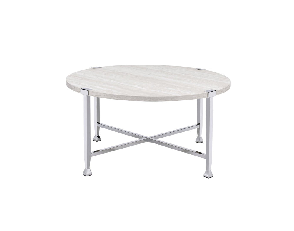 English Elm Brecon Round White Oak Veneer Coffee Table with Open Chrome X Base for Modern Living B2726P532095