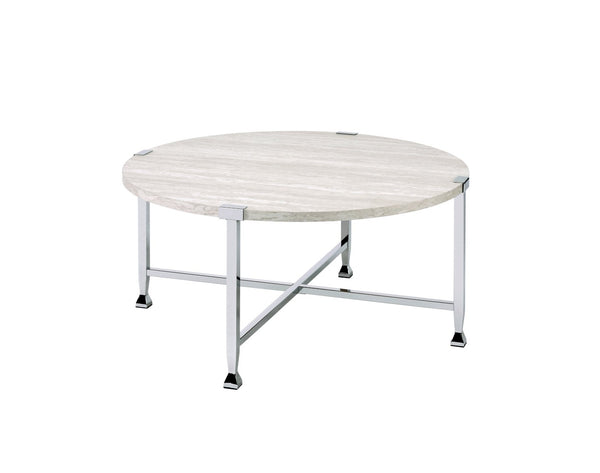 English Elm Brecon Round White Oak Veneer Coffee Table with Open Chrome X Base for Modern Living B2726P532095