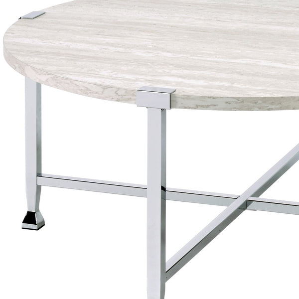 English Elm Brecon Round White Oak Veneer Coffee Table with Open Chrome X Base for Modern Living B2726P532095