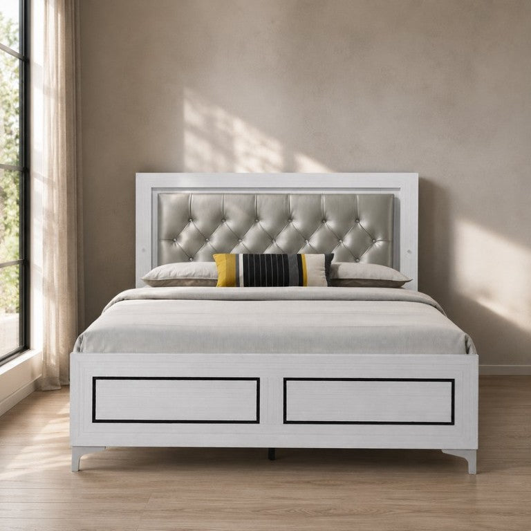 English Elm Casilda Tufted Leatherette Eastern King Bed with LED Ambient Lighting and Chrome Legs B2726P577479