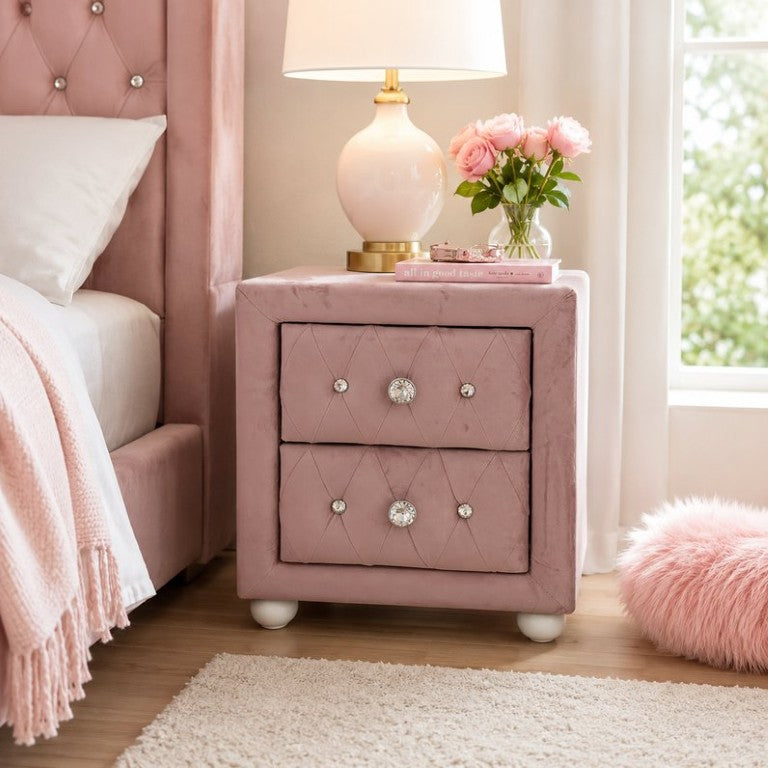 English Elm Reggie Blush Upholstered Nightstand 2 Drawer Bedside Table for Glam Bedroom Decor B2726P580883