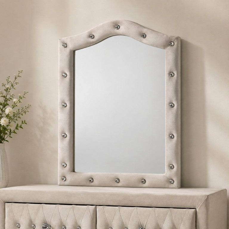 English Elm Reggie Upholstered Arch Wall Mirror with Beige Fabric Frame for Bedroom or Entryway B2726P580914