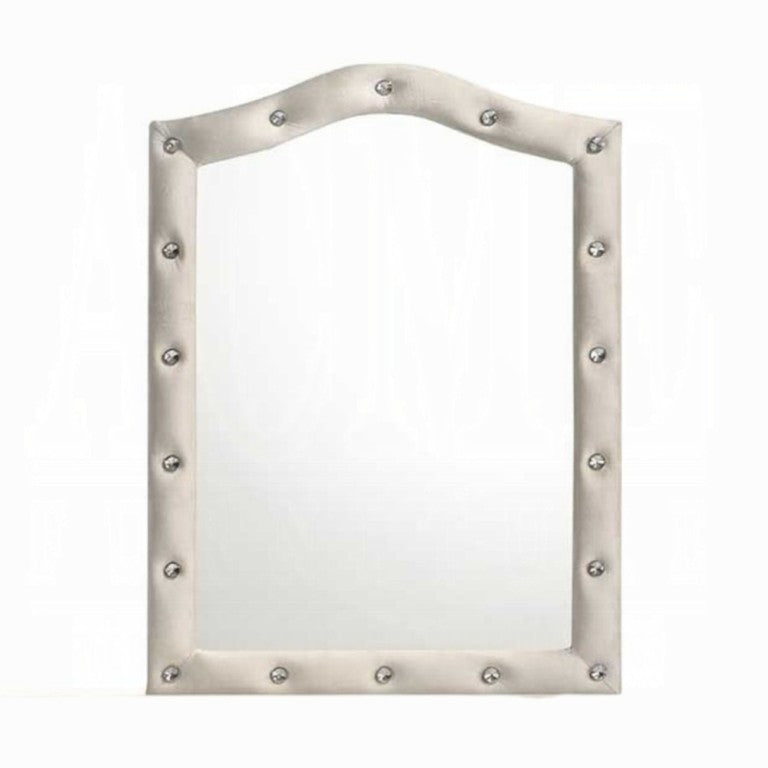 English Elm Reggie Upholstered Arch Wall Mirror with Beige Fabric Frame for Bedroom or Entryway B2726P580914