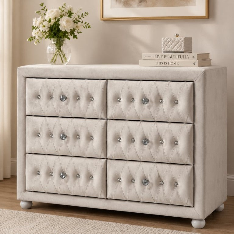 English Elm Reggie Upholstered Six Drawer Dresser Foam Padded Fabric Finish for Modern Bedroom B2726P580915