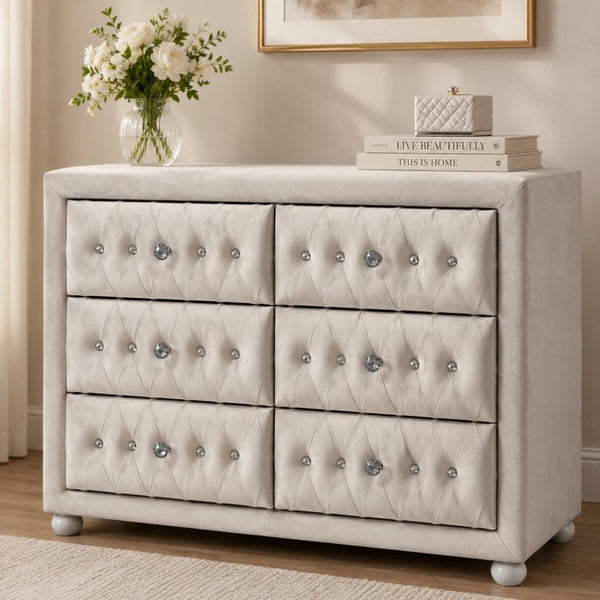 English Elm Reggie Upholstered Six Drawer Dresser Foam Padded Fabric Finish for Modern Bedroom B2726P580915