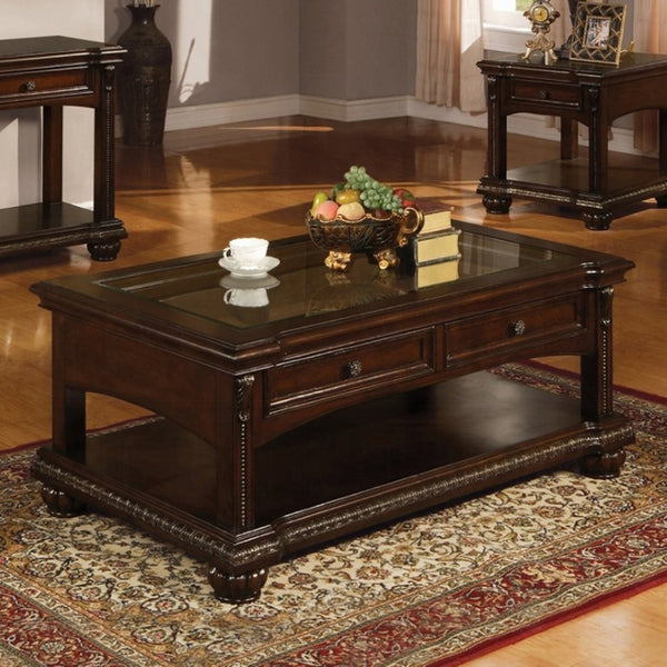 English Elm Anondale Cherry Veneer Coffee Table with Glass Insert Open Shelf and Pull Drawer B2726P582132