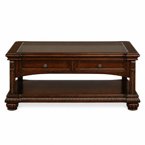 English Elm Anondale Cherry Veneer Coffee Table with Glass Insert Open Shelf and Pull Drawer B2726P582132