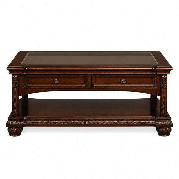 English Elm Anondale Cherry Veneer Coffee Table with Glass Insert Open Shelf and Pull Drawer B2726P582132