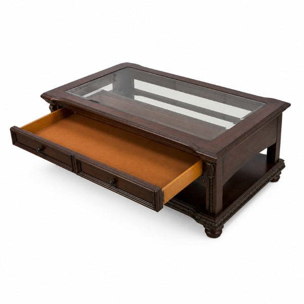 English Elm Anondale Cherry Veneer Coffee Table with Glass Insert Open Shelf and Pull Drawer B2726P582132