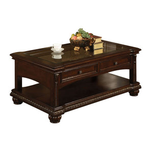 English Elm Anondale Cherry Veneer Coffee Table with Glass Insert Open Shelf and Pull Drawer B2726P582132
