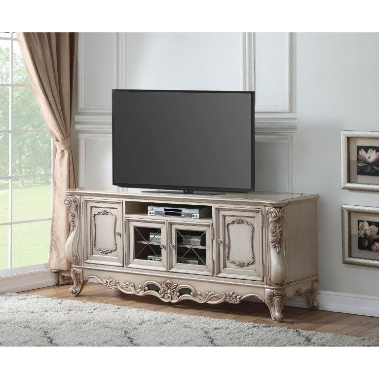 English Elm Gorsedd Ornate Wood TV Stand with Crown Molding and Glass Accents for Living Room B2726P606863
