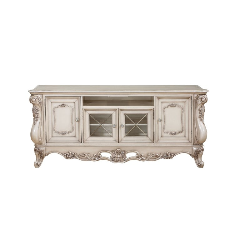 English Elm Gorsedd Ornate Wood TV Stand with Crown Molding and Glass Accents for Living Room B2726P606863