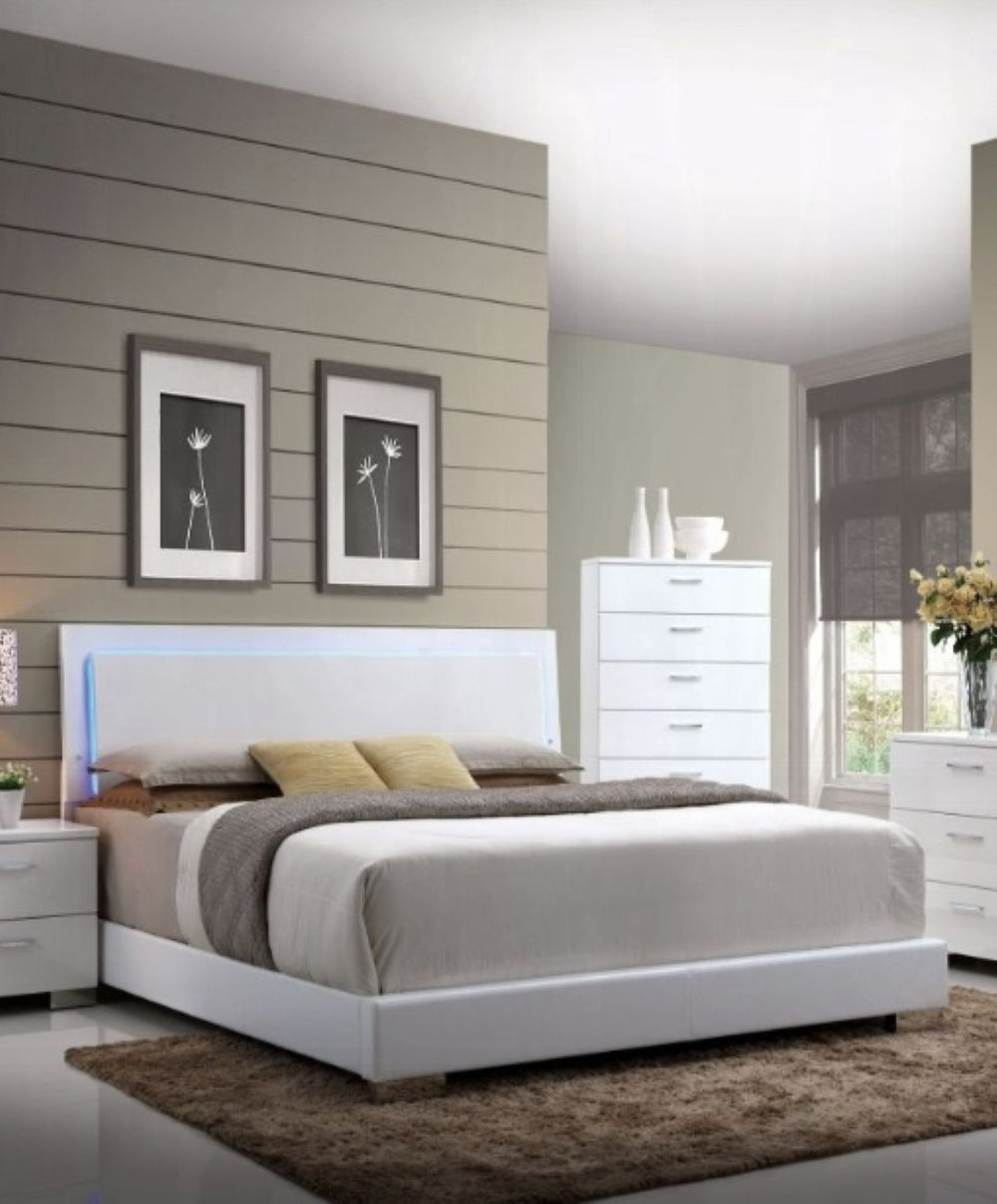 English Elm Lorimar Queen Bed White Pu Leather Upholstered Frame with Ambient Led Headboard B2726S00505