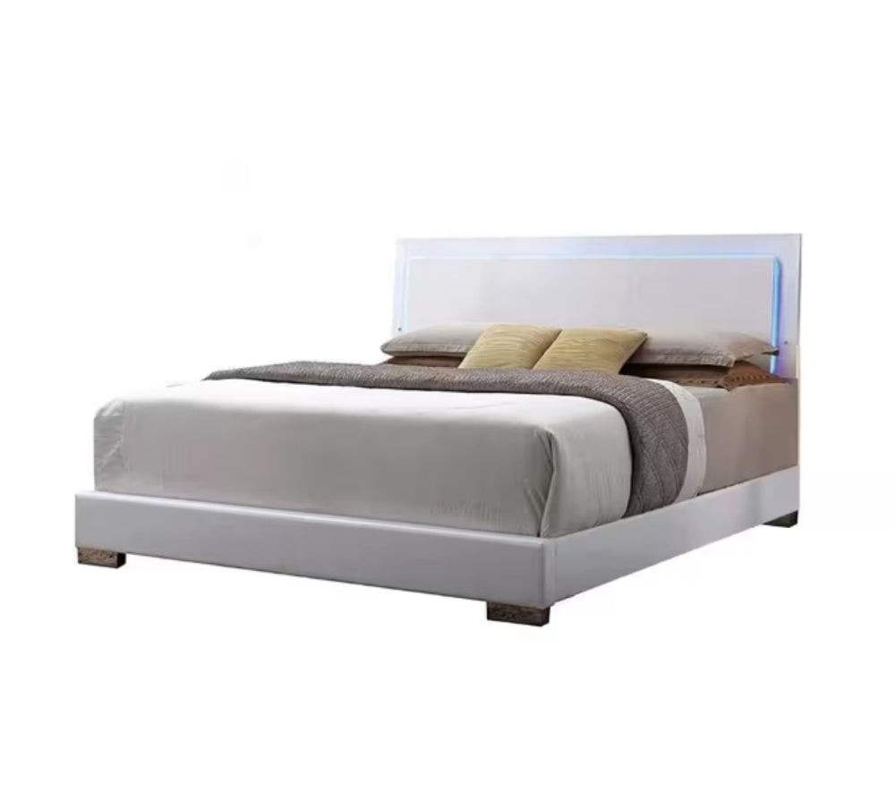 English Elm Lorimar Queen Bed White Pu Leather Upholstered Frame with Ambient Led Headboard B2726S00505