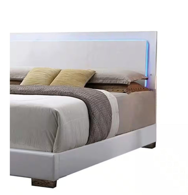 English Elm Lorimar Queen Bed White Pu Leather Upholstered Frame with Ambient Led Headboard B2726S00505
