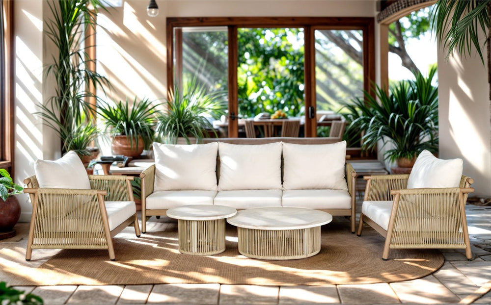 English Elm Zira Outdoor 5 Piece Patio Set with Cement Top Tables and Beige Cushioned Seating B2726S00599