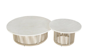 English Elm Zira Outdoor 5 Piece Patio Set with Cement Top Tables and Beige Cushioned Seating B2726S00599