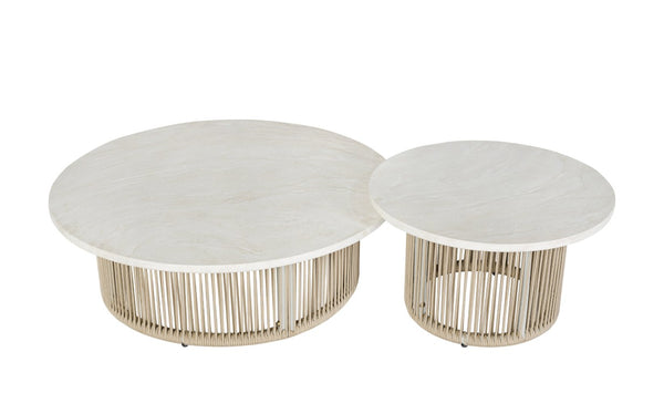English Elm Zira Outdoor 5 Piece Patio Set with Cement Top Tables and Beige Cushioned Seating B2726S00599