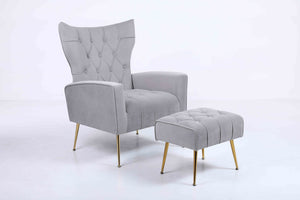 English Elm Upholstered Velvet Accent Chair with Tufted Back Gold Legs and Matching Ottoman Gray B2730P271431