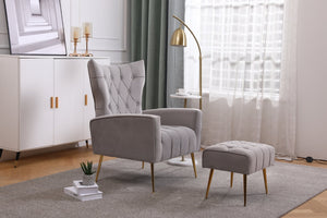 English Elm Upholstered Velvet Accent Chair with Tufted Back Gold Legs and Matching Ottoman Gray B2730P271431