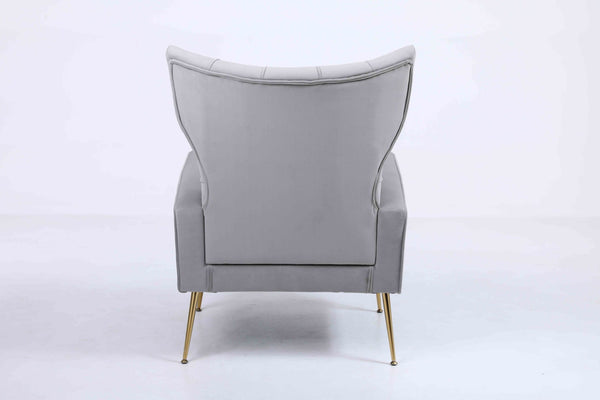 English Elm Upholstered Velvet Accent Chair with Tufted Back Gold Legs and Matching Ottoman Gray B2730P271431