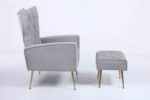 English Elm Upholstered Velvet Accent Chair with Tufted Back Gold Legs and Matching Ottoman Gray B2730P271431