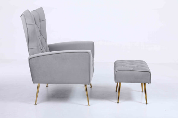 English Elm Upholstered Velvet Accent Chair with Tufted Back Gold Legs and Matching Ottoman Gray B2730P271431