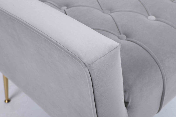 English Elm Upholstered Velvet Accent Chair with Tufted Back Gold Legs and Matching Ottoman Gray B2730P271431