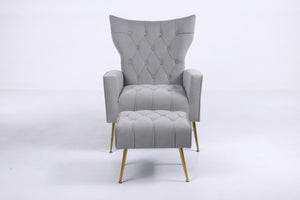 English Elm Upholstered Velvet Accent Chair with Tufted Back Gold Legs and Matching Ottoman Gray B2730P271431