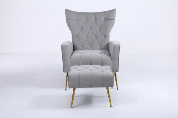 English Elm Upholstered Velvet Accent Chair with Tufted Back Gold Legs and Matching Ottoman Gray B2730P271431